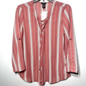 Rue 21 Women’s Sheer Blouse Sz M Pink/White Stripes Roll Tab Sleeves Lace Up Top